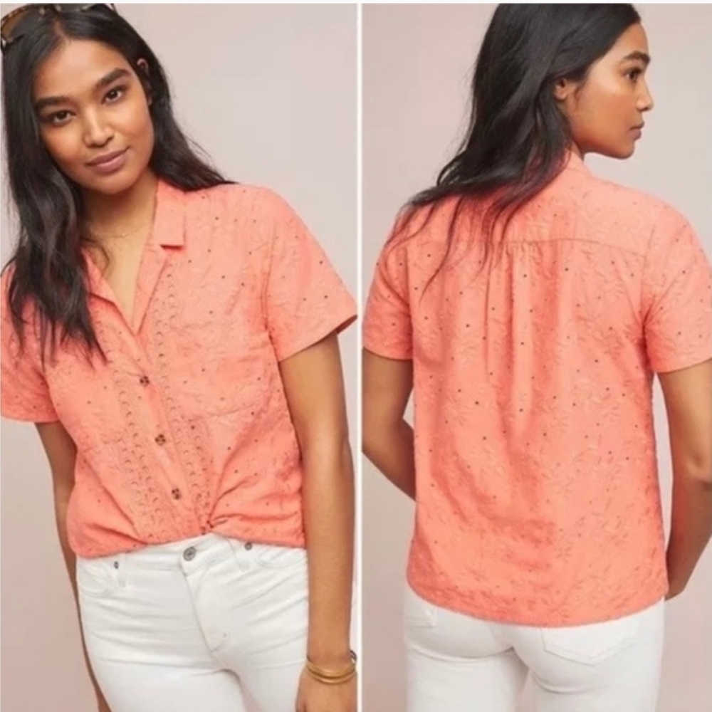 Anthropologie Maeve Guayabera Embroidered Eyelet Short Sleeve Button Up Shirt 8